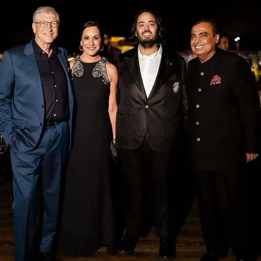 Paula Hurd and Bill Gates with Anant Ambani and Mukesh Ambani